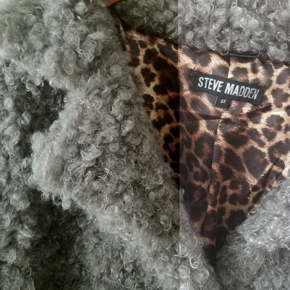 𝅺NEW! STEVE MADDEN Gray Curly Faux Fur Mid-Length Teddy Coat 3X. - Picture 6 of 7